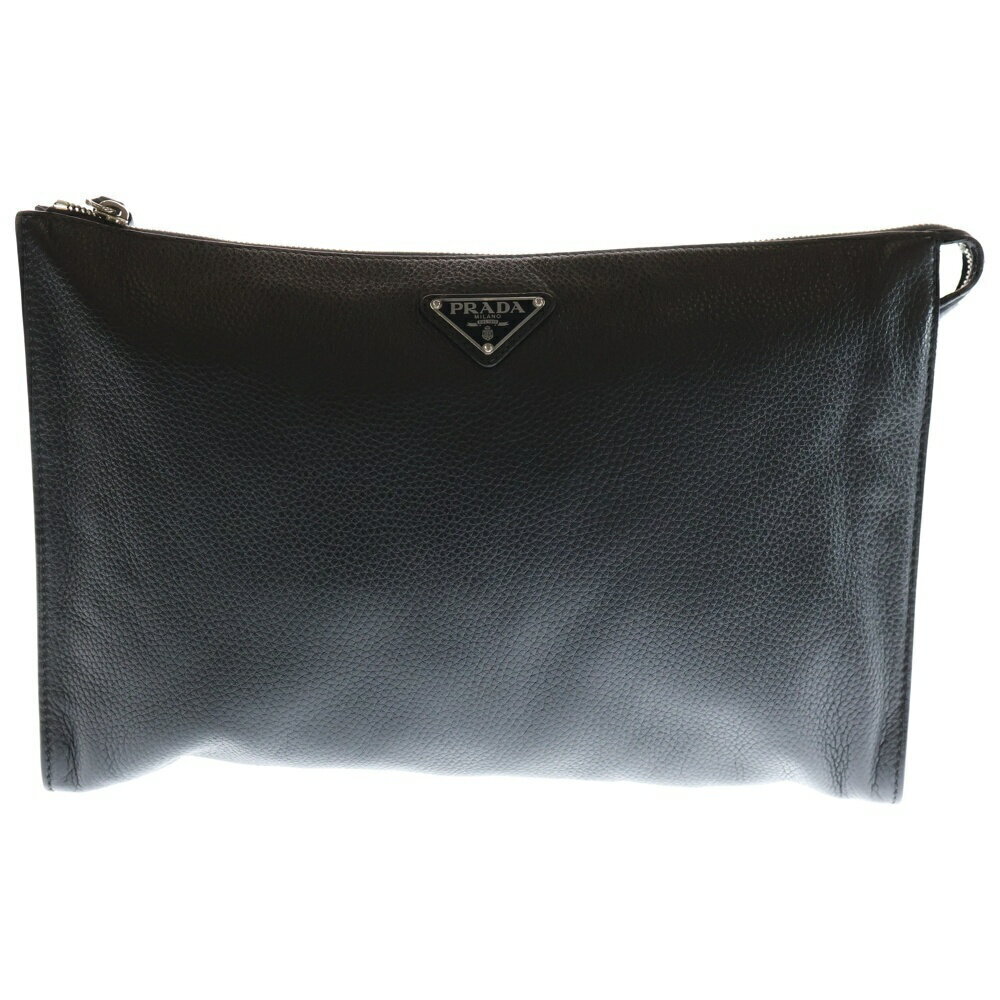 PRADA Triangle Logo Clutch Bag Shoulder Black Leather